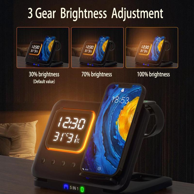5-in-1 Fast Wireless Charging Dock Station & LED Digital Alarm Clock (15W)
