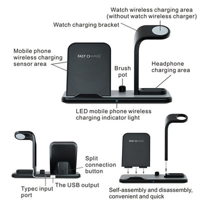 Wireless Charger Stand for Phone, Watch, and Earbuds, Fast Charging, USB & Type-C Input