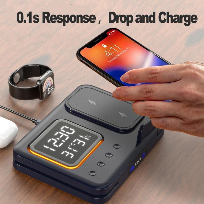 5-in-1 Fast Wireless Charging Dock Station & LED Digital Alarm Clock (15W)