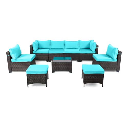 LEVELEVE 7 Pieces Outdoor Patio Furniture Sets,Rattan Conversation Sectional Set,Manual Weaving Wicker Patio Sofa with Tea Table