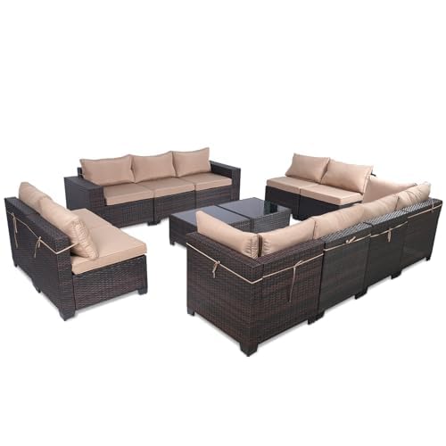 LEVELEVE 7 Pieces Outdoor Patio Furniture Sets,Rattan Conversation Sectional Set,Manual Weaving Wicker Patio Sofa with Tea Table
