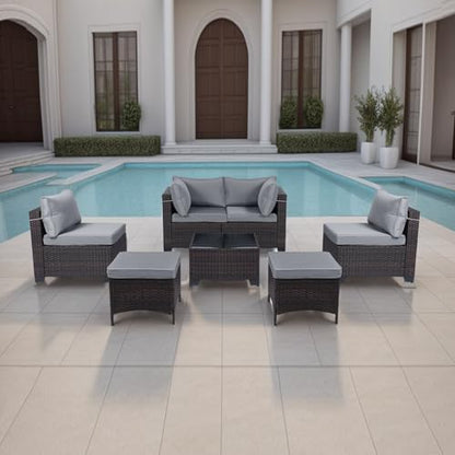 LEVELEVE 7 Pieces Outdoor Patio Furniture Sets,Rattan Conversation Sectional Set,Manual Weaving Wicker Patio Sofa with Tea Table