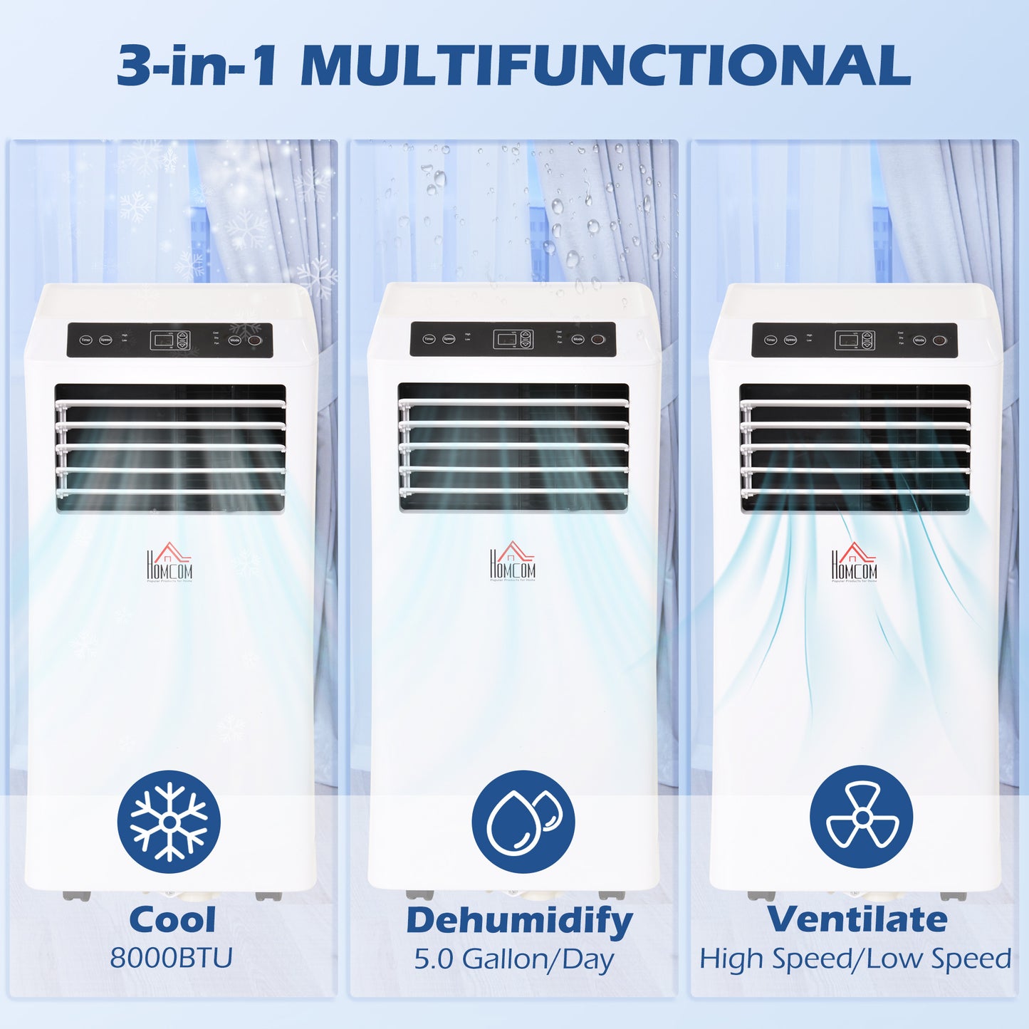 HOMCOM 8000 BTU Portable Air Conditioner – 3-in-1 Cooling with Remote & Timer