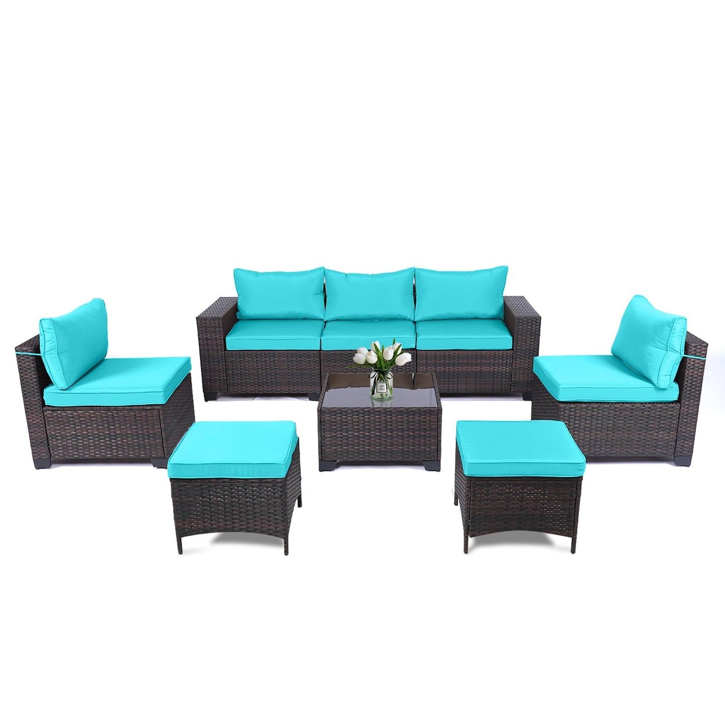 LEVELEVE 7 Pieces Outdoor Patio Furniture Sets,Rattan Conversation Sectional Set,Manual Weaving Wicker Patio Sofa with Tea Table