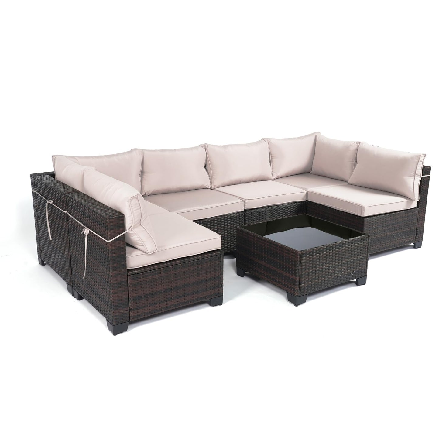 LEVELEVE 7 Pieces Outdoor Patio Furniture Sets,Rattan Conversation Sectional Set,Manual Weaving Wicker Patio Sofa with Tea Table