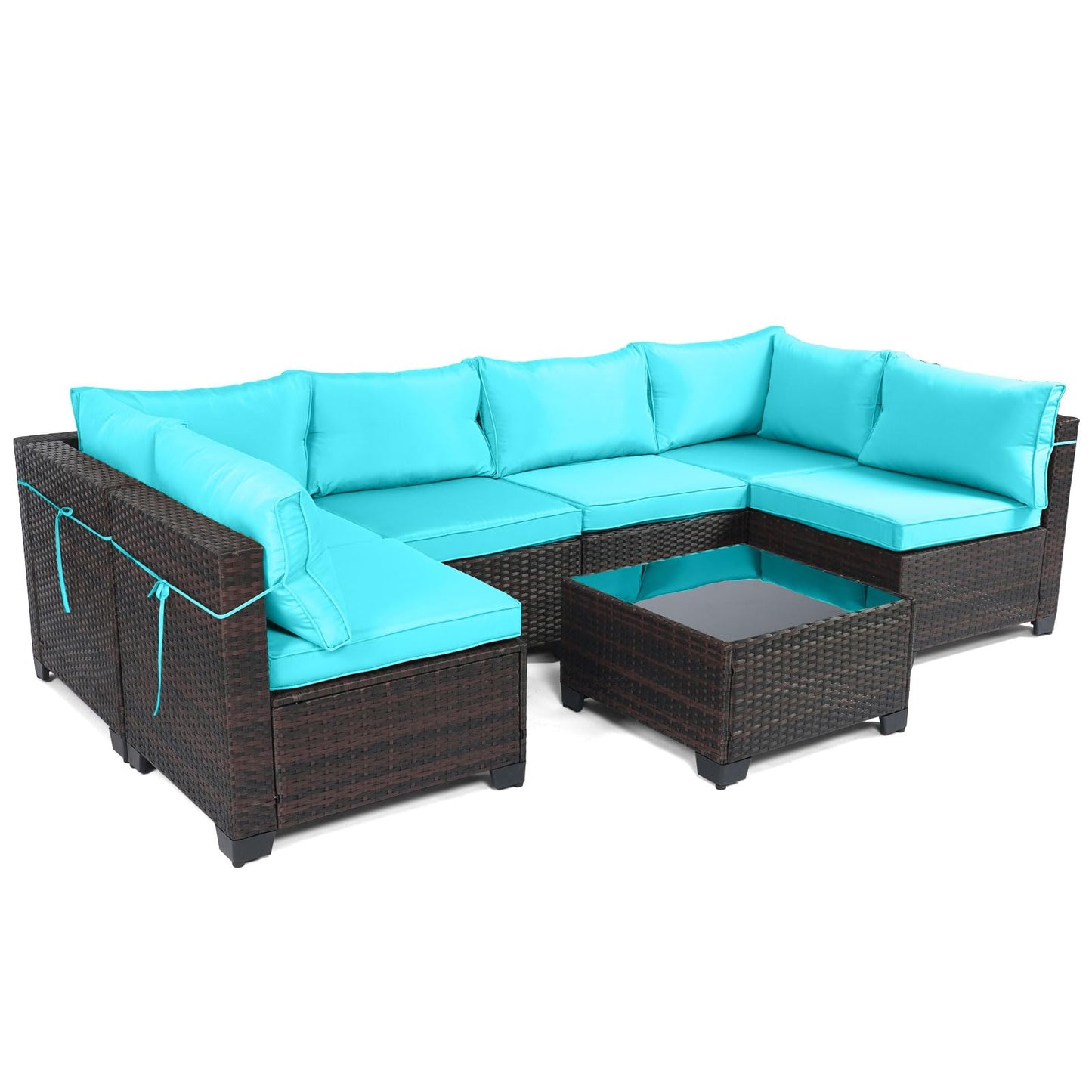 LEVELEVE 7 Pieces Outdoor Patio Furniture Sets,Rattan Conversation Sectional Set,Manual Weaving Wicker Patio Sofa with Tea Table