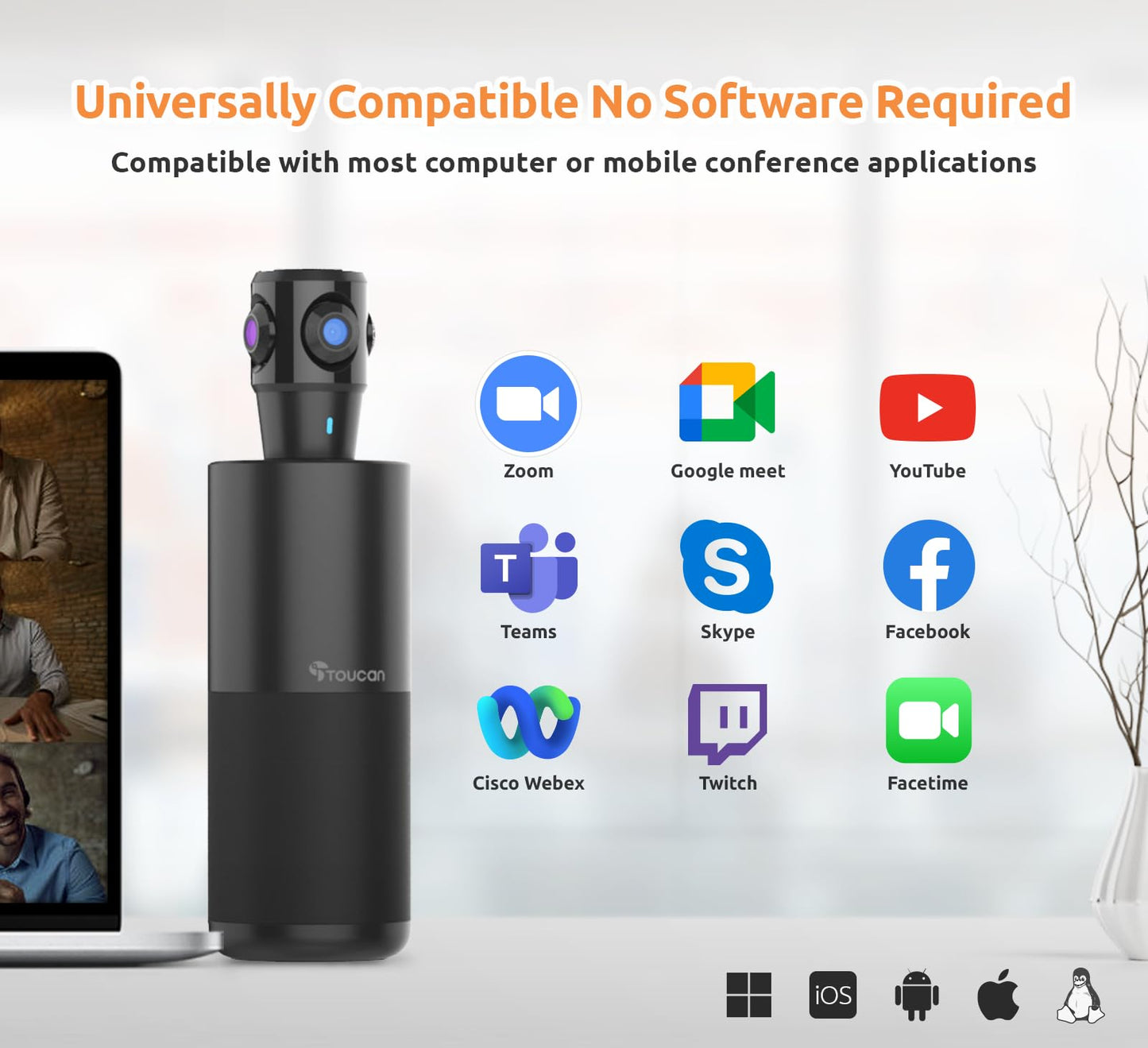 TOUCAN 1080P Webcam with Microphone, Noise-Canceling Mic, 90°FOV Computer Camera, Privacy Cover, Plug and Play USB Webcam for PC, Skype, Zoom, FaceTime, Laptop/MacBook/Tablet