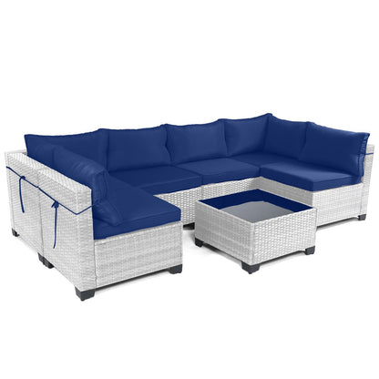 LEVELEVE 7 Pieces Outdoor Patio Furniture Sets,Rattan Conversation Sectional Set,Manual Weaving Wicker Patio Sofa with Tea Table