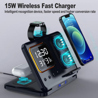5-in-1 Fast Wireless Charging Dock Station & LED Digital Alarm Clock (15W)