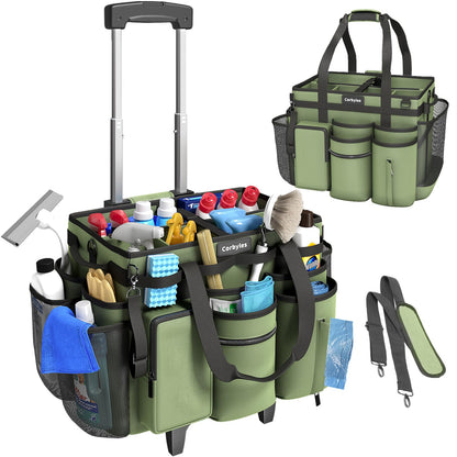 Rolling Cleaning Caddy Bag with Detachable Trolley, Cleaning Supplies Organizer Cart on Wheels, Cleaning Supply Caddy for Housekeepers, Large Professional Detailing Bag Tote for Home, Car (Pink)