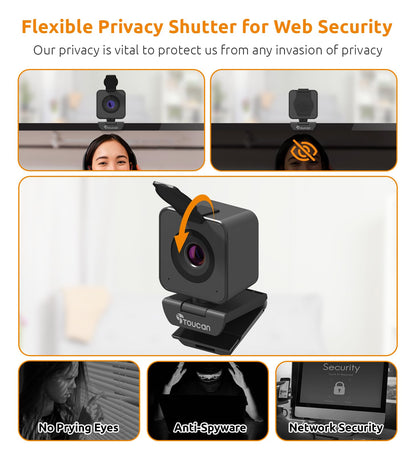 TOUCAN 1080P Webcam with Microphone, Noise-Canceling Mic, 90°FOV Computer Camera, Privacy Cover, Plug and Play USB Webcam for PC, Skype, Zoom, FaceTime, Laptop/MacBook/Tablet