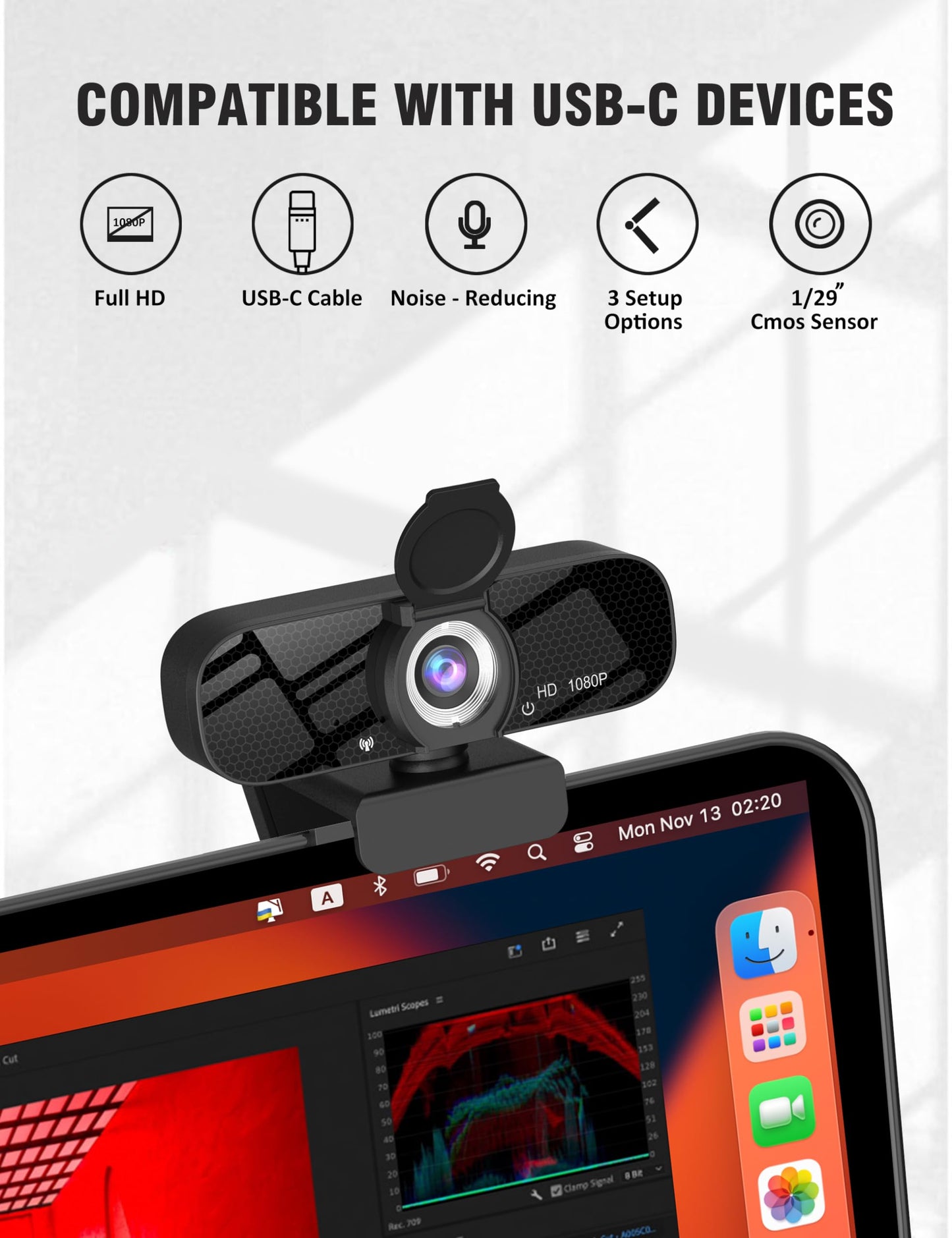 Full HD Webcam with Built-in Microphone and Rotatable Tripod, 1080P Video and Wide Angle Camera, Privacy Cover, for Desktop PC or Laptop Computer