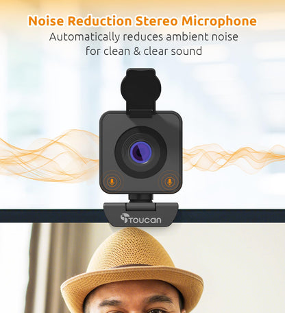 TOUCAN 1080P Webcam with Microphone, Noise-Canceling Mic, 90°FOV Computer Camera, Privacy Cover, Plug and Play USB Webcam for PC, Skype, Zoom, FaceTime, Laptop/MacBook/Tablet