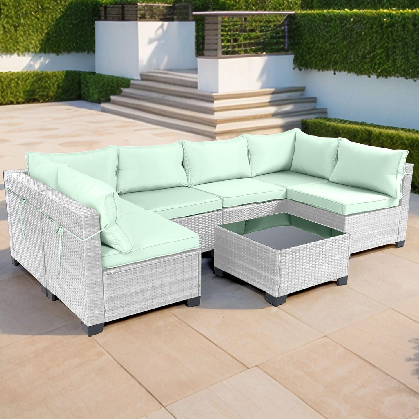 LEVELEVE 7 Pieces Outdoor Patio Furniture Sets,Rattan Conversation Sectional Set,Manual Weaving Wicker Patio Sofa with Tea Table