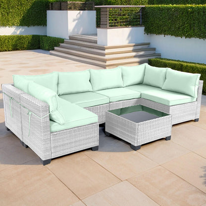 LEVELEVE 7 Pieces Outdoor Patio Furniture Sets,Rattan Conversation Sectional Set,Manual Weaving Wicker Patio Sofa with Tea Table