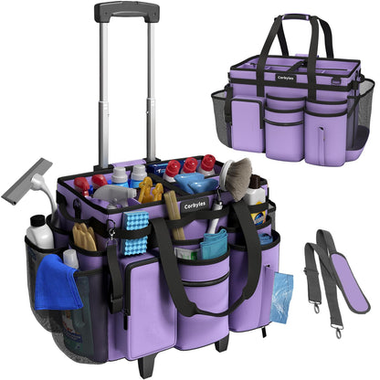 Rolling Cleaning Caddy Bag with Detachable Trolley, Cleaning Supplies Organizer Cart on Wheels, Cleaning Supply Caddy for Housekeepers, Large Professional Detailing Bag Tote for Home, Car (Pink)