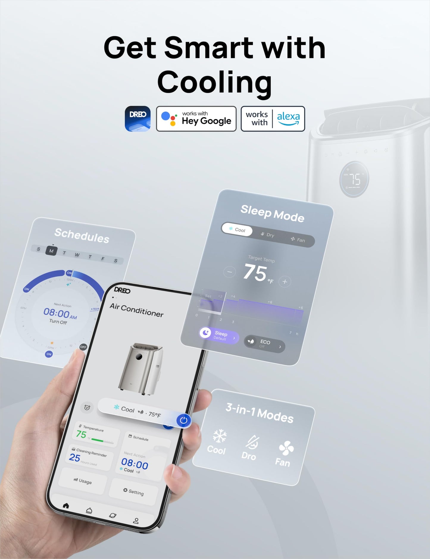 Dreo Portable Air Conditioners, 12,000 BTU AC Unit for Bedroom with Drainage-free Cooling, 46dB Quiet, APP/Voice/Remote, 24h Timer with Fan & Dehumidifier, Smart Air Conditioner for Room Indoors