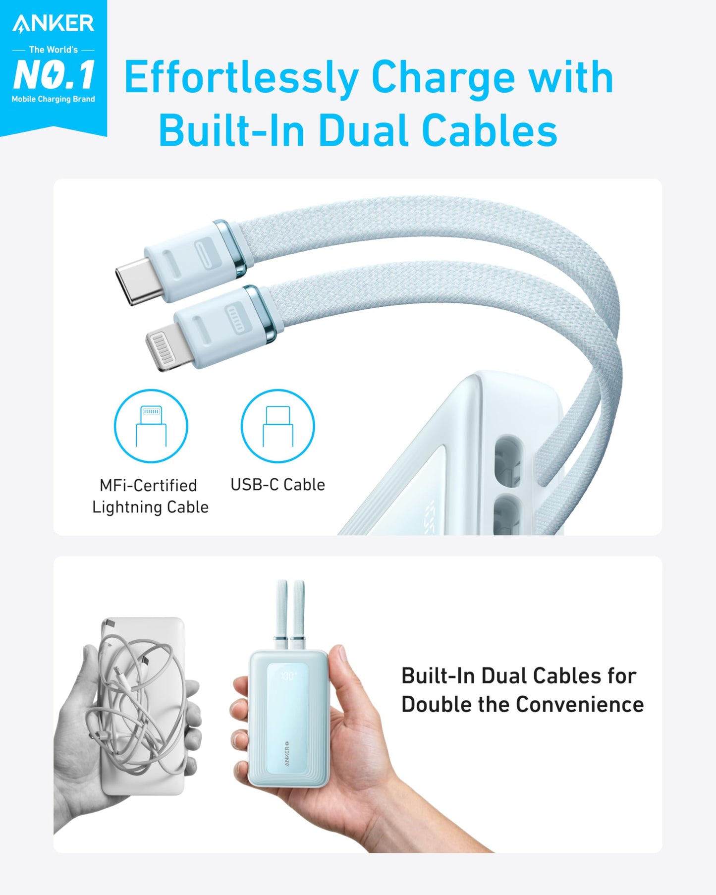 Anker Zolo Power Bank, 20,000mAh 30W Max Fast Portable Charger with Built-in USB-C and MFi Certified Lightning Cables, USB-C&A, Battery Pack for iPhone 16/15 Series, MacBook, Galaxy (Black)