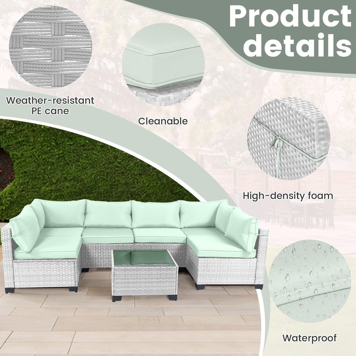 LEVELEVE 7 Pieces Outdoor Patio Furniture Sets,Rattan Conversation Sectional Set,Manual Weaving Wicker Patio Sofa with Tea Table