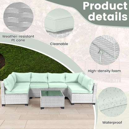 LEVELEVE 7 Pieces Outdoor Patio Furniture Sets,Rattan Conversation Sectional Set,Manual Weaving Wicker Patio Sofa with Tea Table