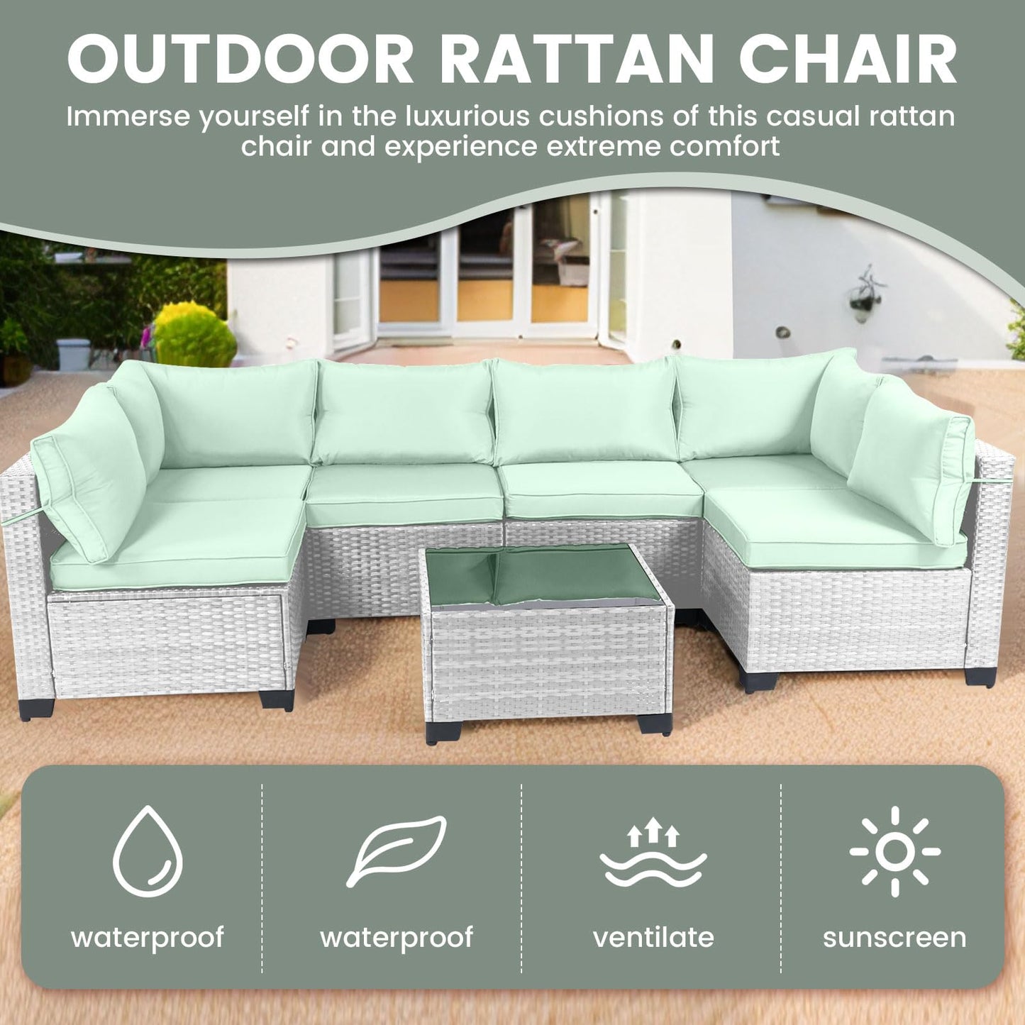 LEVELEVE 7 Pieces Outdoor Patio Furniture Sets,Rattan Conversation Sectional Set,Manual Weaving Wicker Patio Sofa with Tea Table