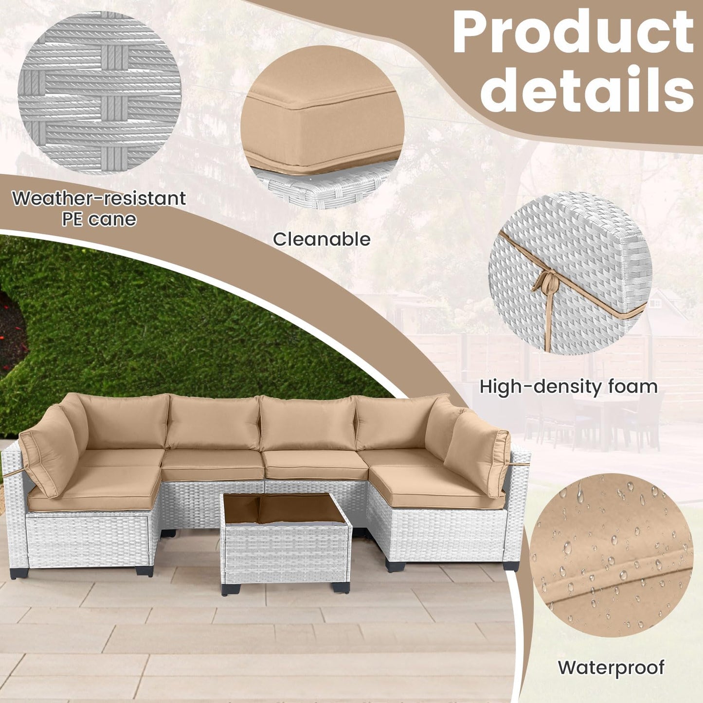 LEVELEVE 7 Pieces Outdoor Patio Furniture Sets,Rattan Conversation Sectional Set,Manual Weaving Wicker Patio Sofa with Tea Table