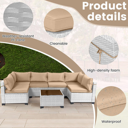 LEVELEVE 7 Pieces Outdoor Patio Furniture Sets,Rattan Conversation Sectional Set,Manual Weaving Wicker Patio Sofa with Tea Table