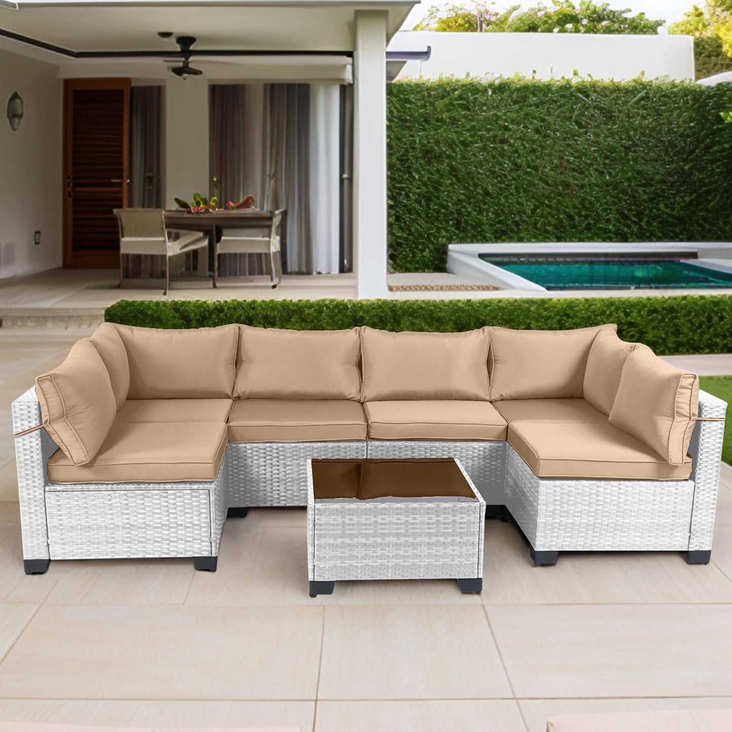 LEVELEVE 7 Pieces Outdoor Patio Furniture Sets,Rattan Conversation Sectional Set,Manual Weaving Wicker Patio Sofa with Tea Table