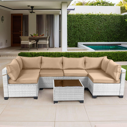 LEVELEVE 7 Pieces Outdoor Patio Furniture Sets,Rattan Conversation Sectional Set,Manual Weaving Wicker Patio Sofa with Tea Table