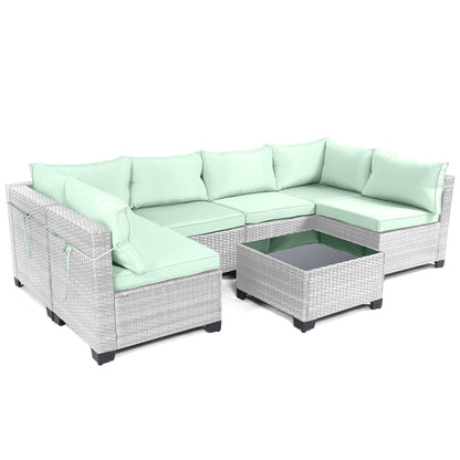 LEVELEVE 7 Pieces Outdoor Patio Furniture Sets,Rattan Conversation Sectional Set,Manual Weaving Wicker Patio Sofa with Tea Table