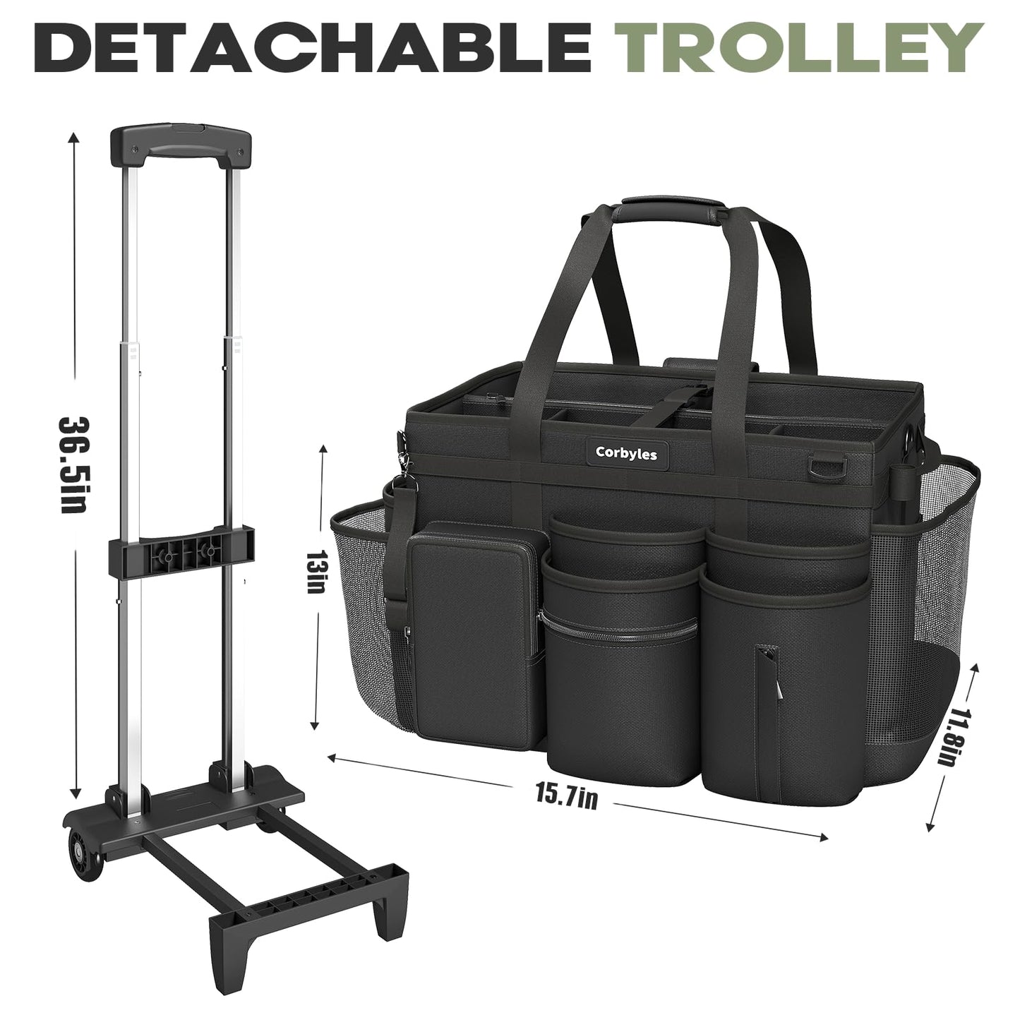 Rolling Cleaning Caddy Bag with Detachable Trolley, Cleaning Supplies Organizer Cart on Wheels, Cleaning Supply Caddy for Housekeepers, Large Professional Detailing Bag Tote for Home, Car (Pink)