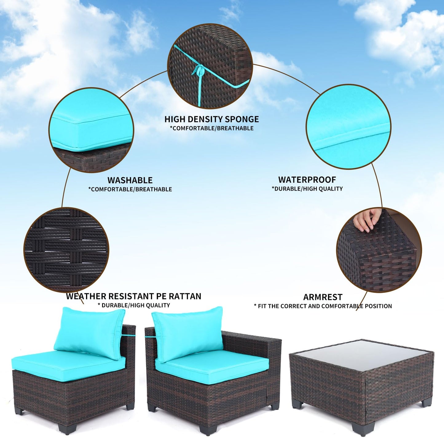 LEVELEVE 7 Pieces Outdoor Patio Furniture Sets,Rattan Conversation Sectional Set,Manual Weaving Wicker Patio Sofa with Tea Table