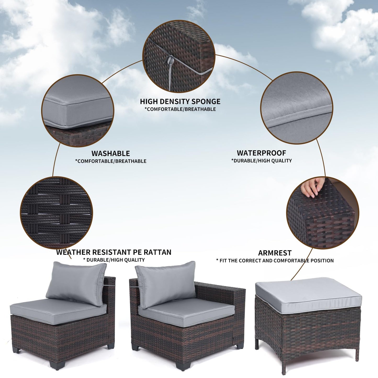 LEVELEVE 7 Pieces Outdoor Patio Furniture Sets,Rattan Conversation Sectional Set,Manual Weaving Wicker Patio Sofa with Tea Table