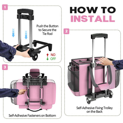 Rolling Cleaning Caddy Bag with Detachable Trolley, Cleaning Supplies Organizer Cart on Wheels, Cleaning Supply Caddy for Housekeepers, Large Professional Detailing Bag Tote for Home, Car (Pink)