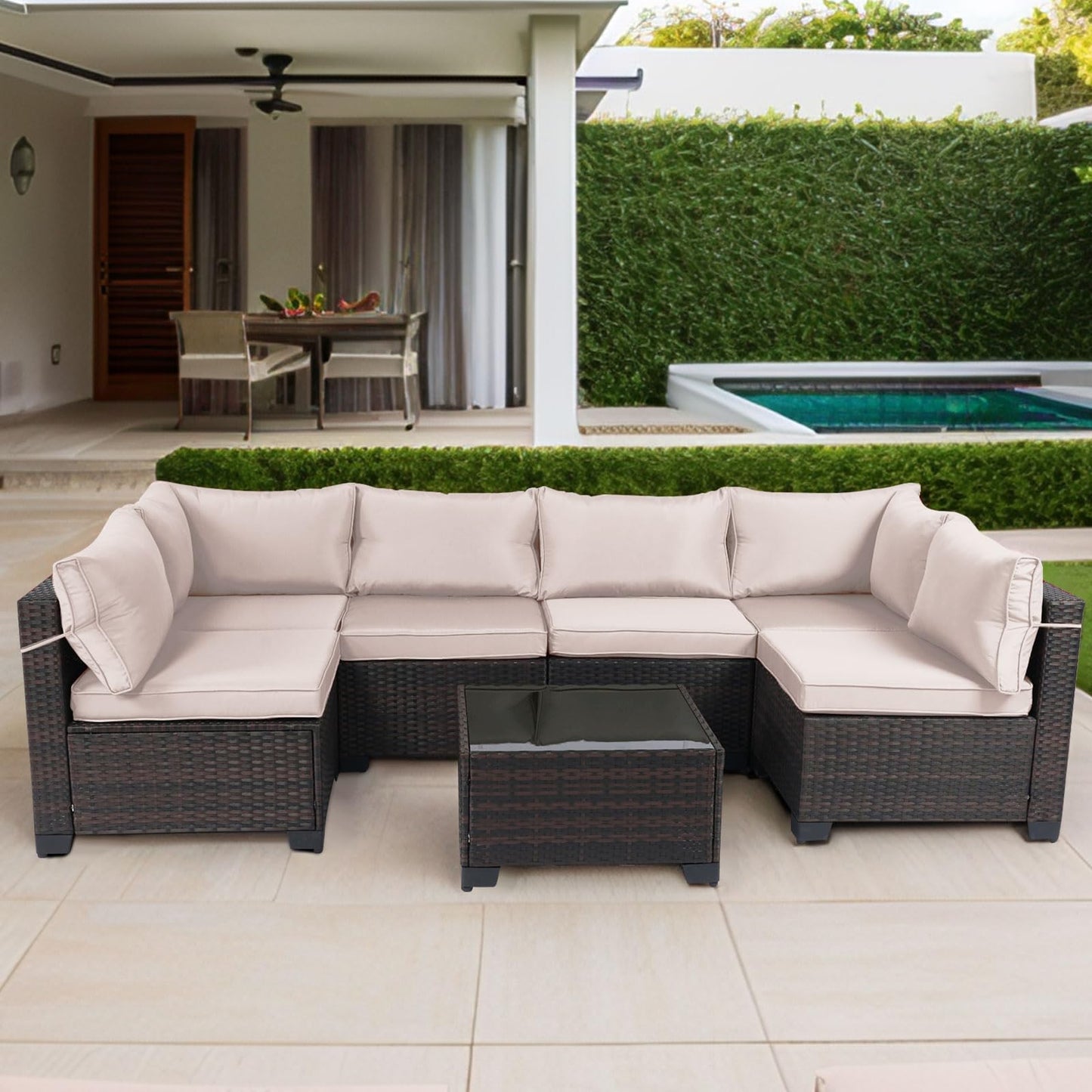 LEVELEVE 7 Pieces Outdoor Patio Furniture Sets,Rattan Conversation Sectional Set,Manual Weaving Wicker Patio Sofa with Tea Table