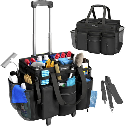 Rolling Cleaning Caddy Bag with Detachable Trolley, Cleaning Supplies Organizer Cart on Wheels, Cleaning Supply Caddy for Housekeepers, Large Professional Detailing Bag Tote for Home, Car (Pink)