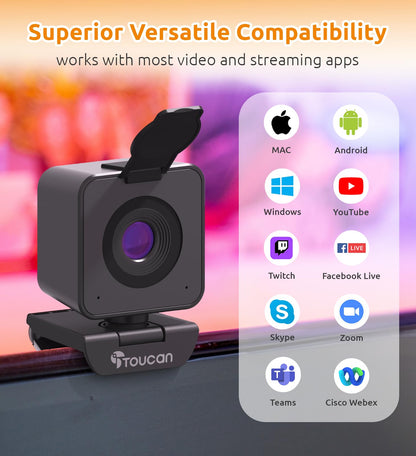 TOUCAN 1080P Webcam with Microphone, Noise-Canceling Mic, 90°FOV Computer Camera, Privacy Cover, Plug and Play USB Webcam for PC, Skype, Zoom, FaceTime, Laptop/MacBook/Tablet