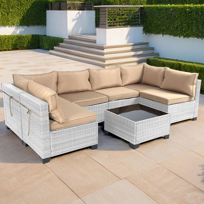 LEVELEVE 7 Pieces Outdoor Patio Furniture Sets,Rattan Conversation Sectional Set,Manual Weaving Wicker Patio Sofa with Tea Table