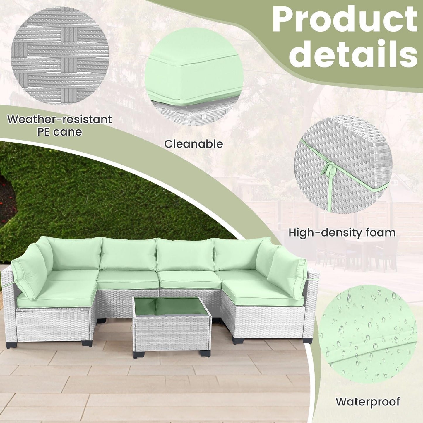 LEVELEVE 7 Pieces Outdoor Patio Furniture Sets,Rattan Conversation Sectional Set,Manual Weaving Wicker Patio Sofa with Tea Table