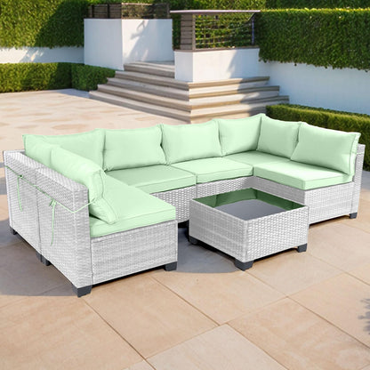 LEVELEVE 7 Pieces Outdoor Patio Furniture Sets,Rattan Conversation Sectional Set,Manual Weaving Wicker Patio Sofa with Tea Table