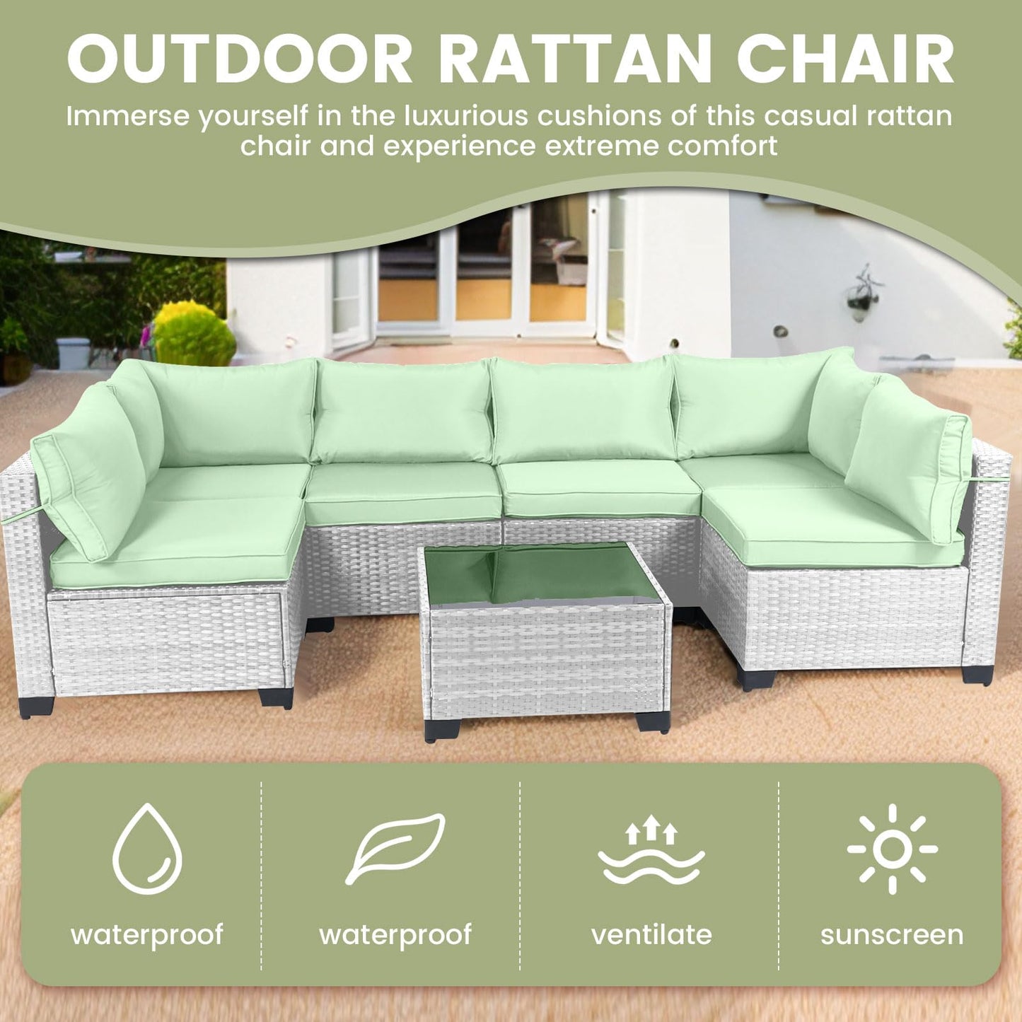 LEVELEVE 7 Pieces Outdoor Patio Furniture Sets,Rattan Conversation Sectional Set,Manual Weaving Wicker Patio Sofa with Tea Table