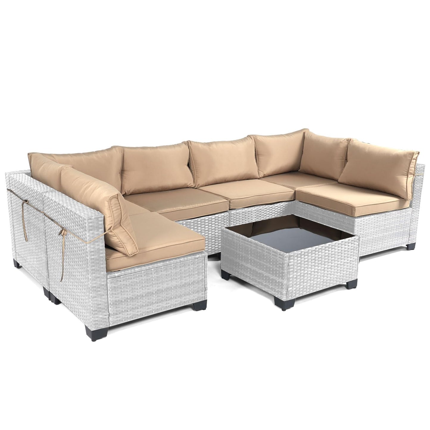 LEVELEVE 7 Pieces Outdoor Patio Furniture Sets,Rattan Conversation Sectional Set,Manual Weaving Wicker Patio Sofa with Tea Table