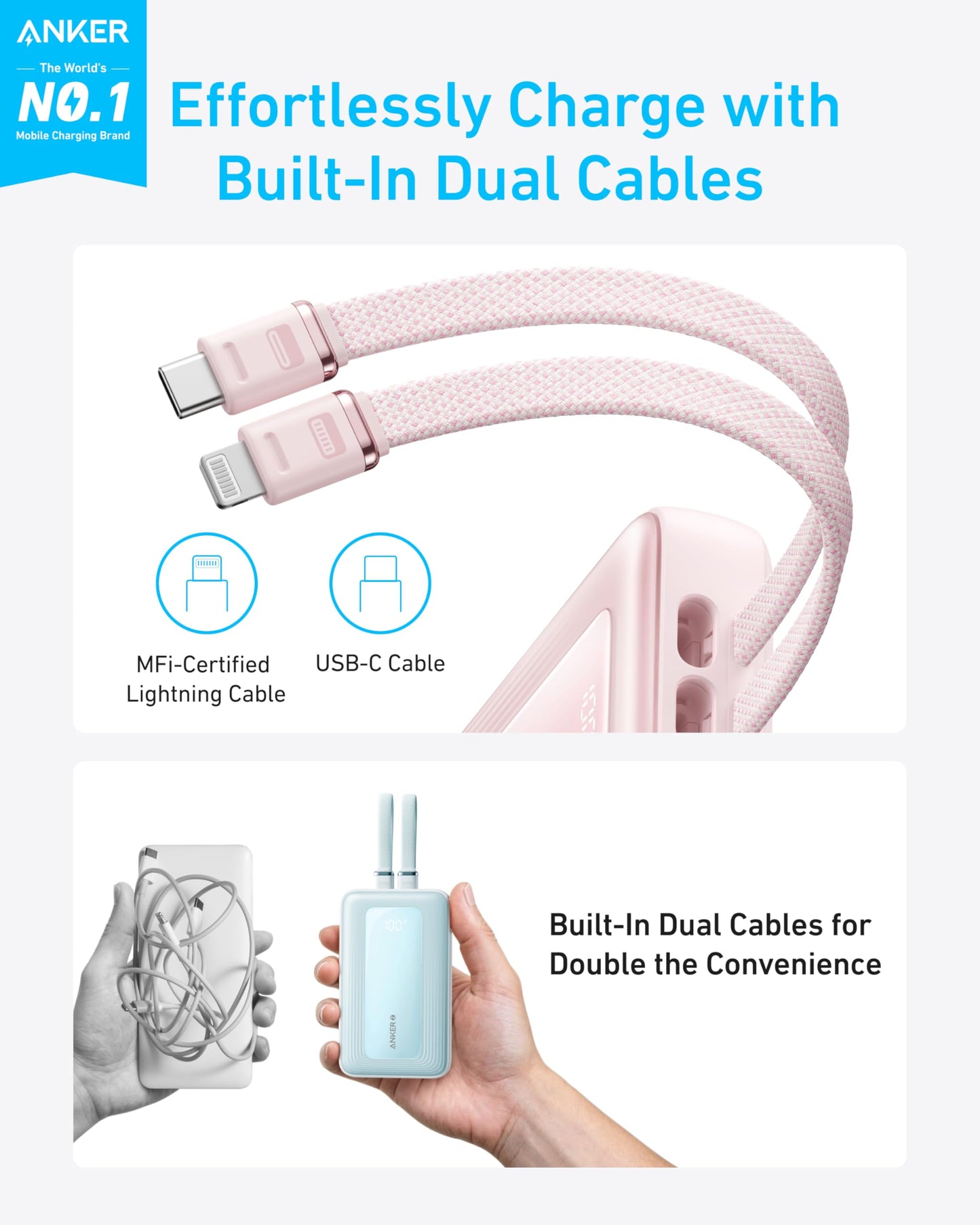 Anker Zolo Power Bank, 20,000mAh 30W Max Fast Portable Charger with Built-in USB-C and MFi Certified Lightning Cables, USB-C&A, Battery Pack for iPhone 16/15 Series, MacBook, Galaxy (Black)