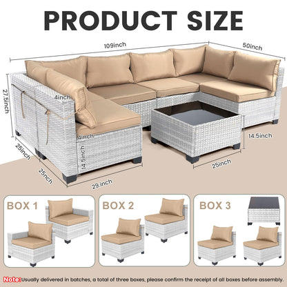LEVELEVE 7 Pieces Outdoor Patio Furniture Sets,Rattan Conversation Sectional Set,Manual Weaving Wicker Patio Sofa with Tea Table