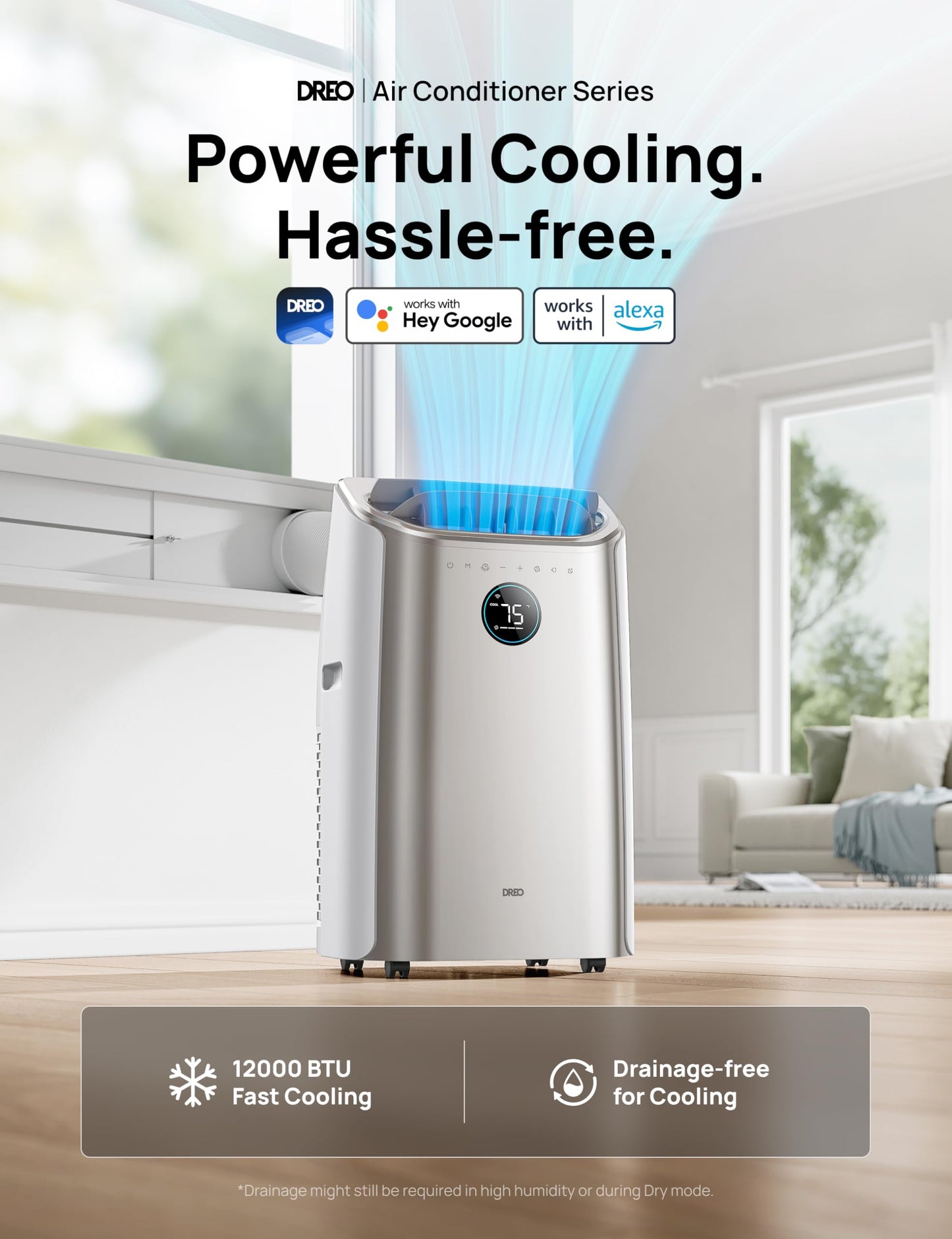 Dreo Portable Air Conditioners, 12,000 BTU AC Unit for Bedroom with Drainage-free Cooling, 46dB Quiet, APP/Voice/Remote, 24h Timer with Fan & Dehumidifier, Smart Air Conditioner for Room Indoors