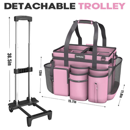 Rolling Cleaning Caddy Bag with Detachable Trolley, Cleaning Supplies Organizer Cart on Wheels, Cleaning Supply Caddy for Housekeepers, Large Professional Detailing Bag Tote for Home, Car (Pink)