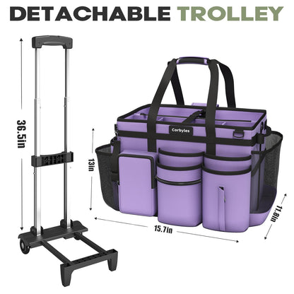 Rolling Cleaning Caddy Bag with Detachable Trolley, Cleaning Supplies Organizer Cart on Wheels, Cleaning Supply Caddy for Housekeepers, Large Professional Detailing Bag Tote for Home, Car (Pink)