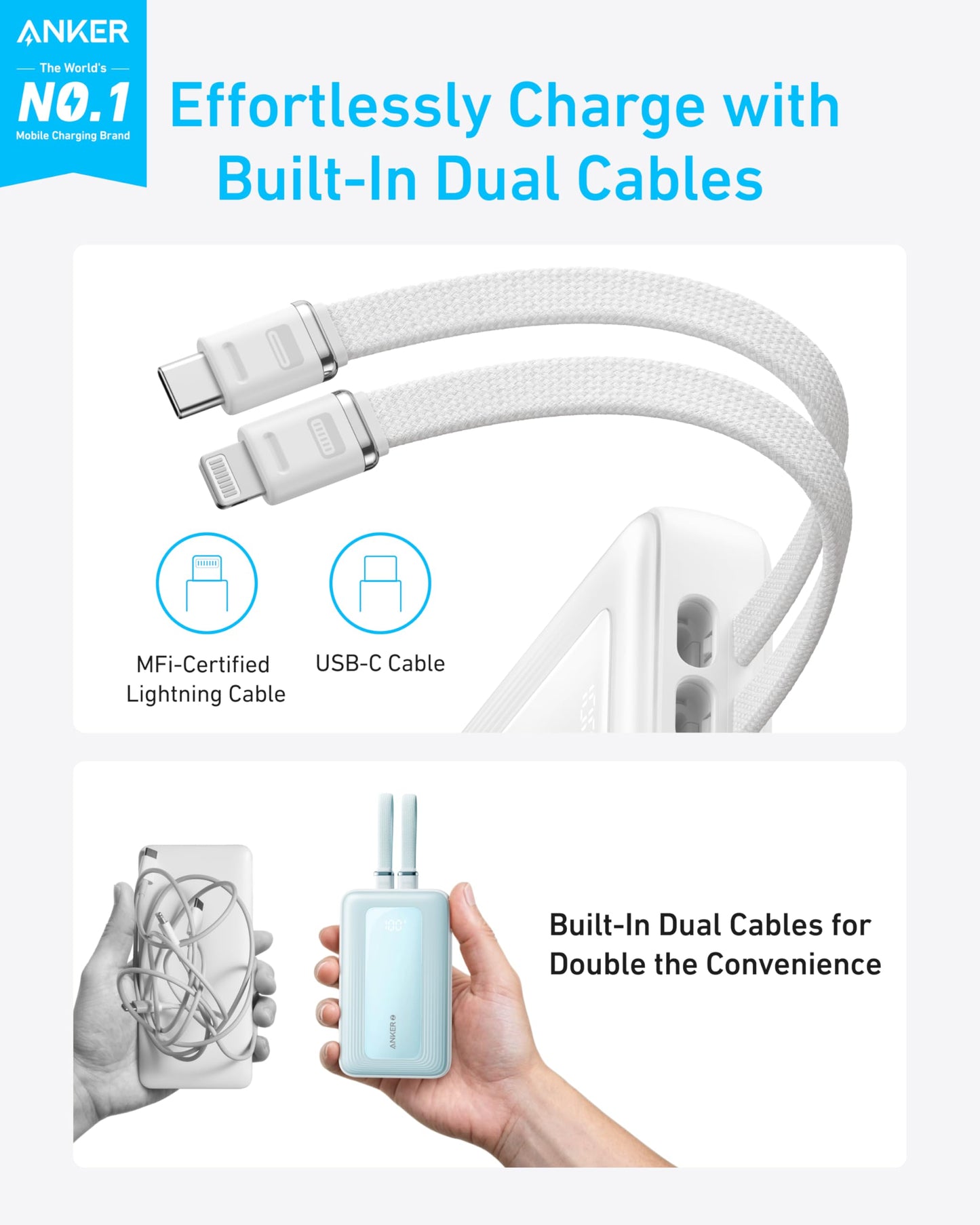 Anker Zolo Power Bank, 20,000mAh 30W Max Fast Portable Charger with Built-in USB-C and MFi Certified Lightning Cables, USB-C&A, Battery Pack for iPhone 16/15 Series, MacBook, Galaxy (Black)