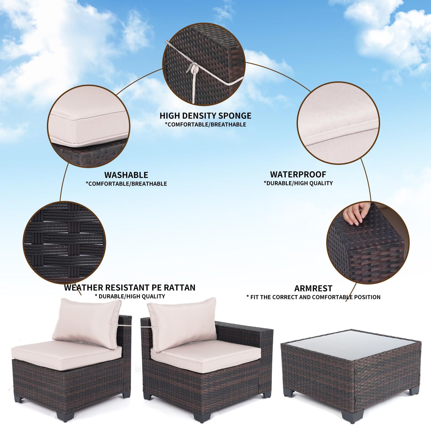 LEVELEVE 7 Pieces Outdoor Patio Furniture Sets,Rattan Conversation Sectional Set,Manual Weaving Wicker Patio Sofa with Tea Table