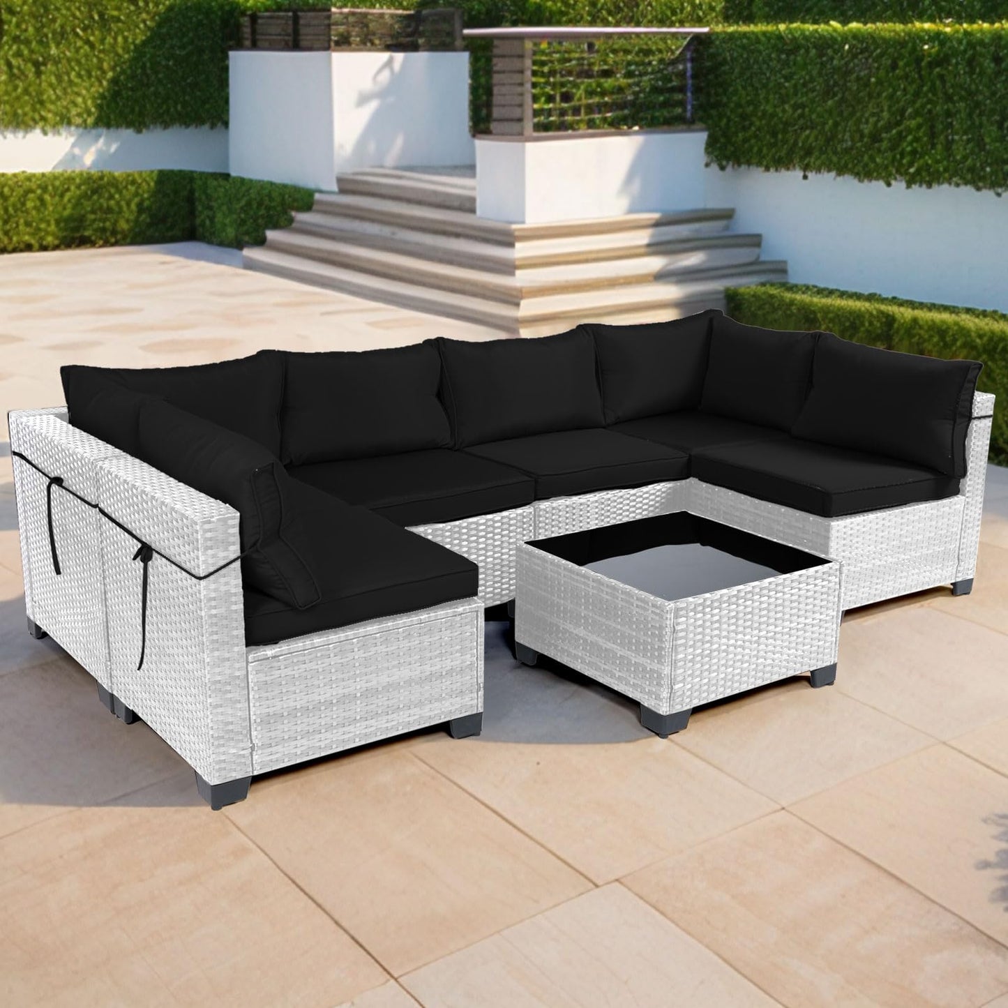 LEVELEVE 7 Pieces Outdoor Patio Furniture Sets,Rattan Conversation Sectional Set,Manual Weaving Wicker Patio Sofa with Tea Table